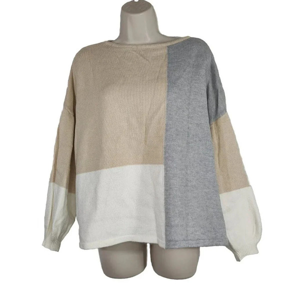 White Grey Tan Colorblock Knit Sweater Boxy Oversize Women Size L Bubble Sleeve - Picture 1 of 6